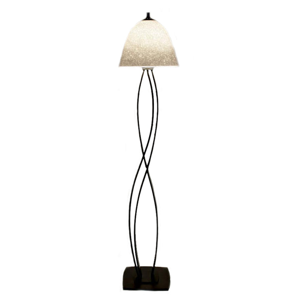 Handcrafted Almost Infinity floor lamp with blown glass shade in Monet white pattern and hand-forged metal base for vibrant home decor.