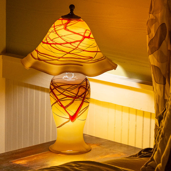 Handcrafted All Glass Table Lamp with ambiant 3 way lighted base for vibrant home decor.