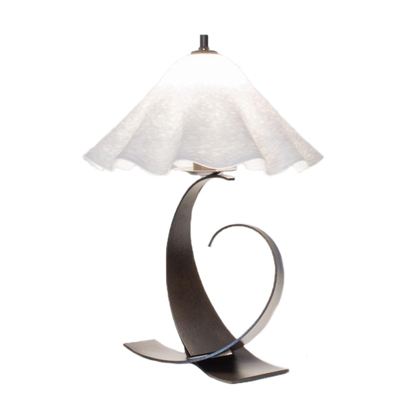 Handcrafted Fullered Impressions small table lamp with blown glass shade in Monet white pattern and hand-forged metal base for vibrant home decor.